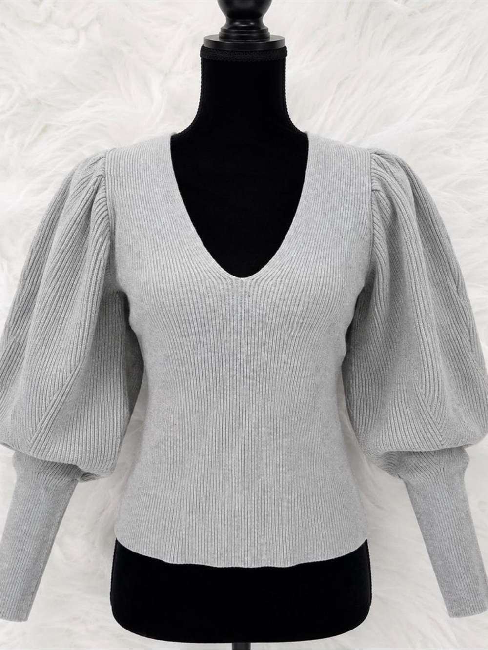 Free People Soft Gray Ribbed Cashmere Blend Puff Sleeve Sweater Medium
